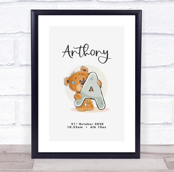 New Baby Birth Details Christening Nursery Bear Initial A Keepsake Gift Print