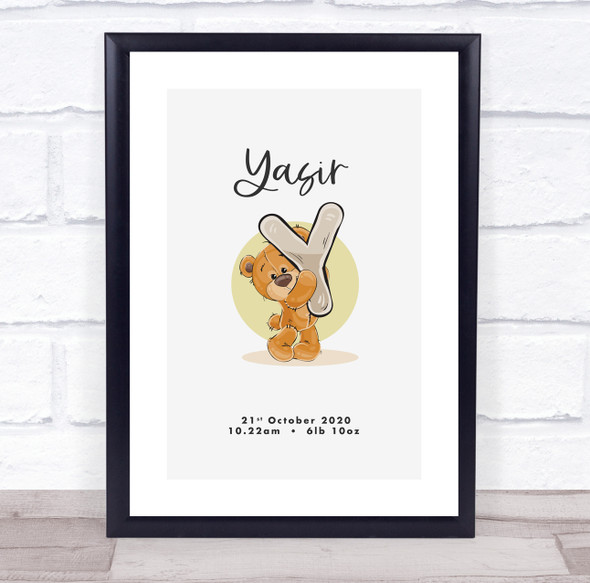 New Baby Birth Details Christening Nursery Bear Initial Y Keepsake Gift Print