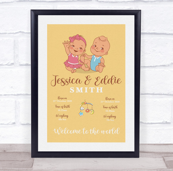 New Baby Birth Details Christening Nursery Boy Girl Twins Keepsake Gift Print