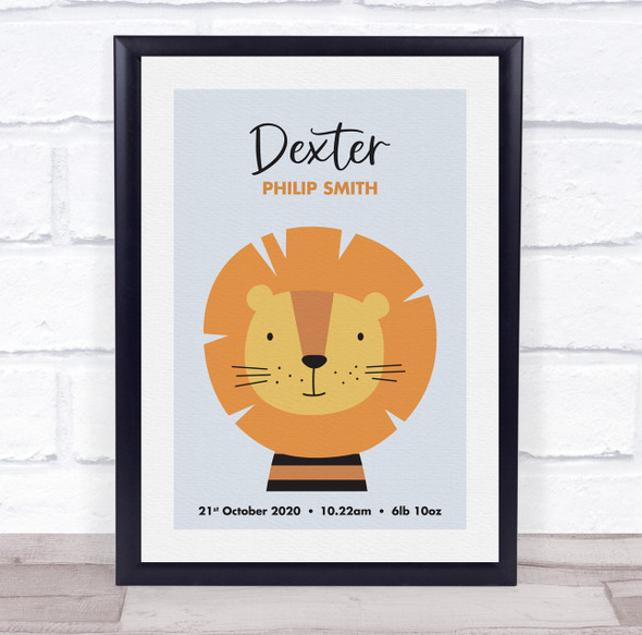 New Baby Birth Details Nursery Christening Cute Lion Face Keepsake Gift Print