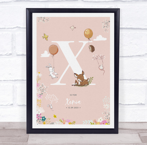 Baby Birth Details Nursery Christening Woodland Animals Pink Initial X Print