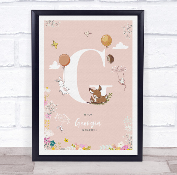 Baby Birth Details Nursery Christening Woodland Animals Pink Initial G Print