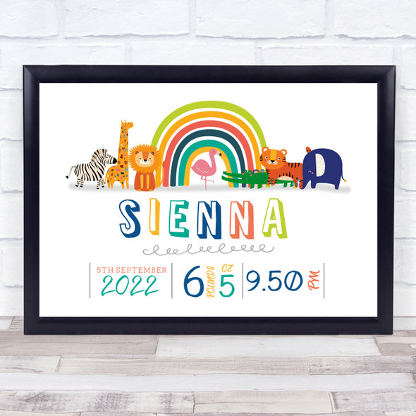 Birth Details Nursery Christening New Baby Jungle Animals Rainbow Gift Print