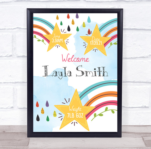 Birth Details Nursery Christening New Baby Rainbow Stars Keepsake Gift Print