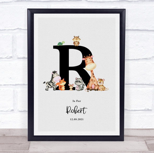 New Baby Birth Details Nursery Jungle Animals Initial R Keepsake Gift Print