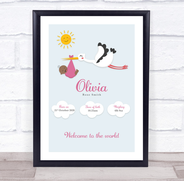 New Baby Birth Details Christening Nursery Stork Dark Skin Girl Gift Print