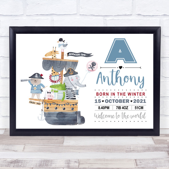 Birth Details Nursery Christening New Baby Pirate Ship Keepsake Gift Print