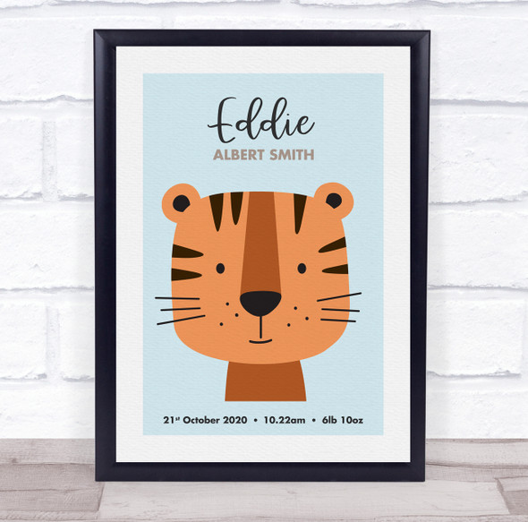 Baby Birth Details Nursery Christening Tiger Face Keepsake Gift Print