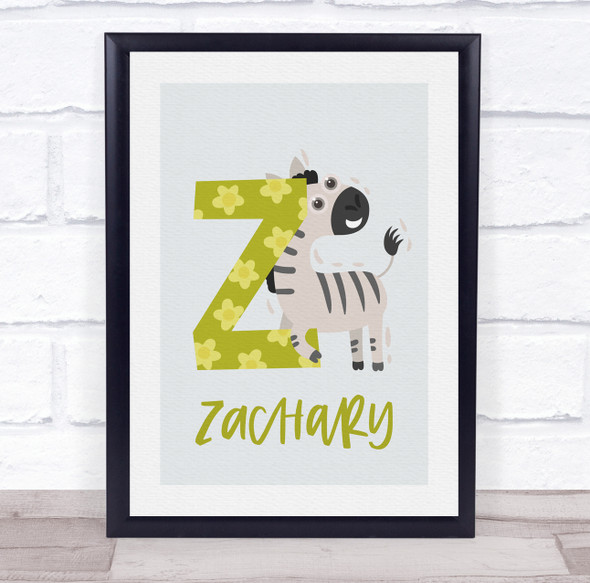 Initial Funky Letter Z With Zebra Personalised Children's Wall Art Print