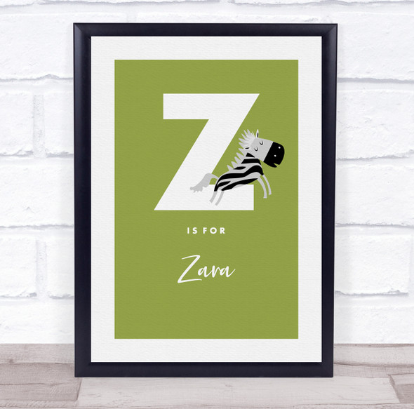 Initial Letter Z With Zebra Personalised Children's Wall Art Print