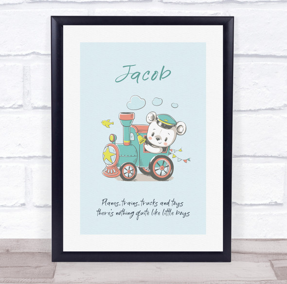 Baby Bear Driving Train Personalised Children's Wall Art Print