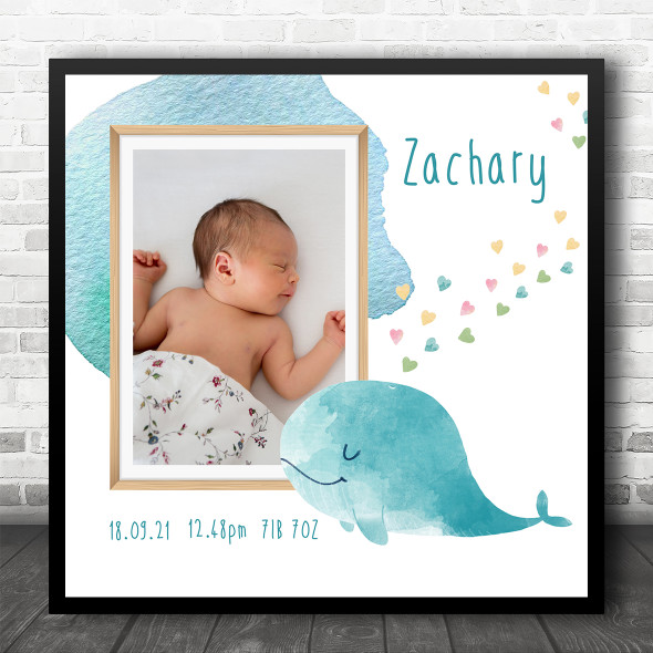 Birth Details Nursery Christening New Baby Whale Photo Square Gift Print