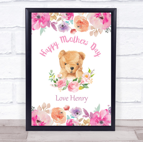 Watercolour Flowers & Bear Mothers Day Personalised Gift Art Print