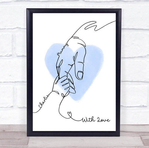 Mummy Hand Holding Line Art Blue Personalised Gift Art Print