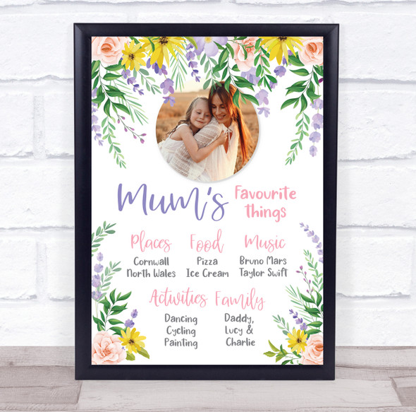 Mum's Favourite Things Pretty Flowers Photo Personalised Gift Art Print