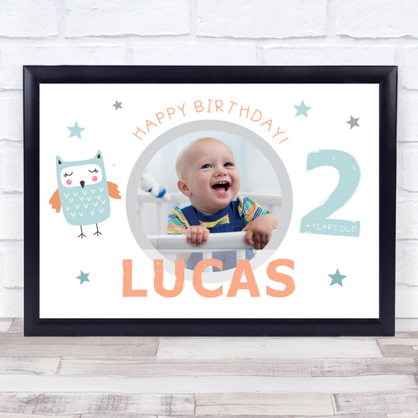 2nd Birthday Boy Cute Owl Photo Personalised Gift Art Print