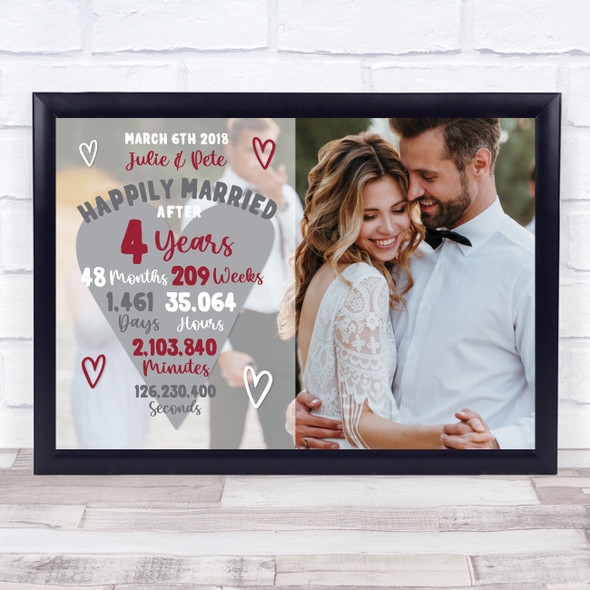 4 Years 4th Anniversary Wedding Heart Photo Personalised Gift Art Print