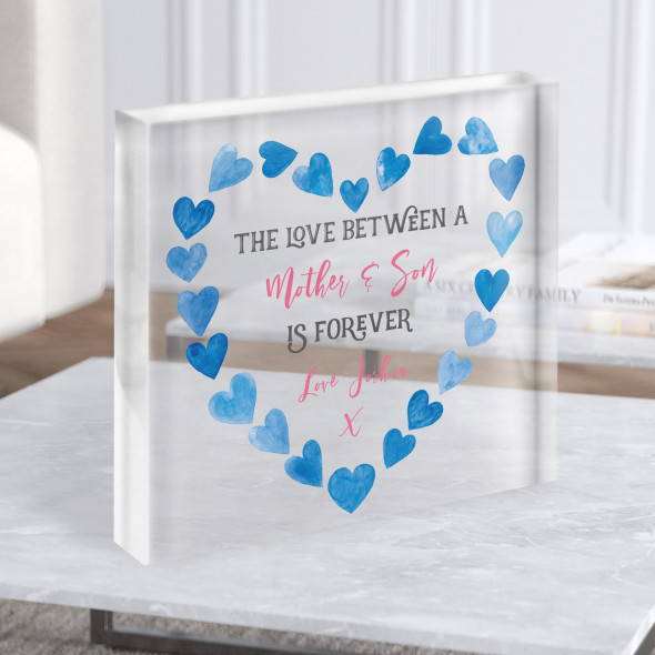 Love Between A Mother And Son Blue Hearts Square Personalised Acrylic Block