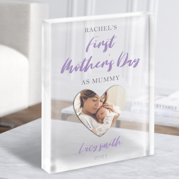 First Mother's Day As Mummy Heart Photo Purple Personalised Acrylic Block