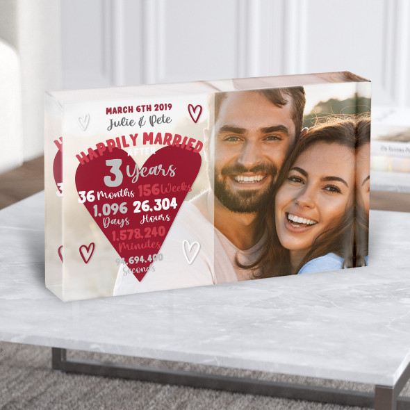 3 Years 3rd Anniversary Wedding Heart Photo Personalised Gift Acrylic Block