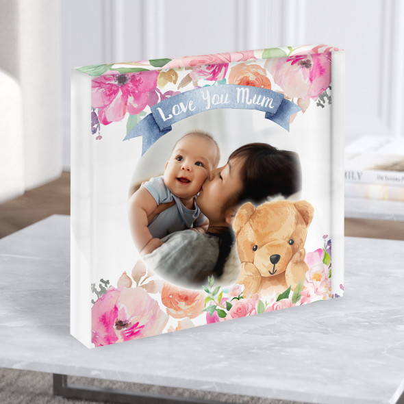 Mother's Day Watercolour Floral Teddy Photo Mum Square Gift Acrylic Block