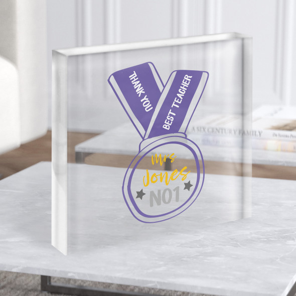 Thank You Teacher Medal Best Teacher No1 Square Personalised Gift Acrylic Block