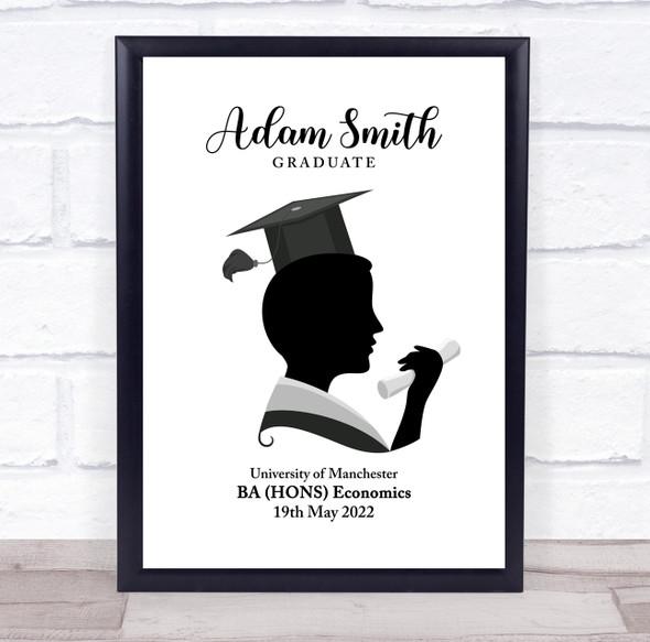 Black And White Silhouette Of Man With Graduation Hat Personalised Gift Print