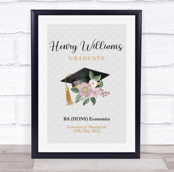 Graduation Cap And Flowers Congratulations Personalised Wall Art Gift Print