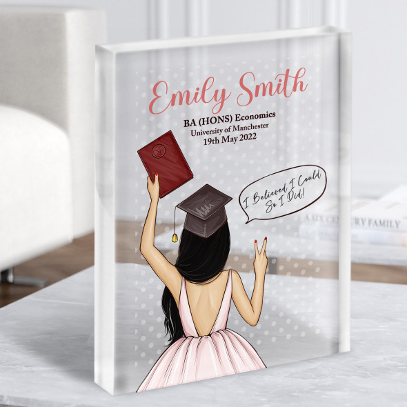 Pink Background Dark Hair Graduate Girl Graduation Congratulations Acrylic Block