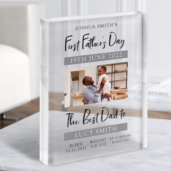 First Father's Day Child Details Info Photo Grey Personalised Gift Acrylic Block