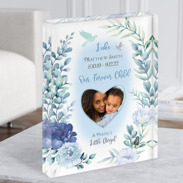 Child Infant Baby Loss Memorial Photo Blue Boy Floral Gift Acrylic Block