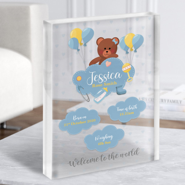 New Baby Birth Details Christening Nursery Bear Cloud Balloons Acrylic Block