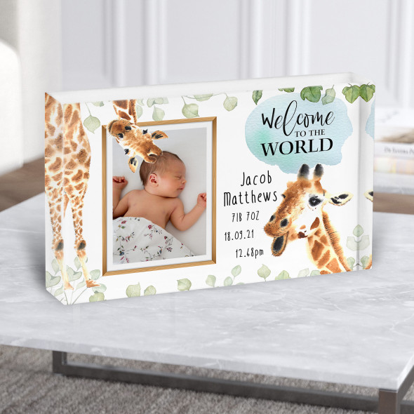 New Baby Birth Details Christening Nursery Giraffe Photo Gift Acrylic Block