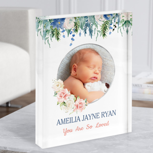 Floral Leaves Circle Photo Name Personalised Children's Gift Acrylic Block