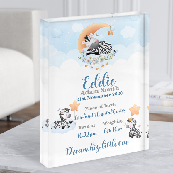 New Baby Birth Details Christening Nursery Cute Zebras Gift Acrylic Block