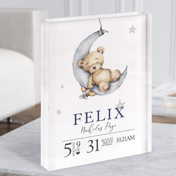 Birth Details Nursery Christening New Baby Teddy Moon Gift Acrylic Block