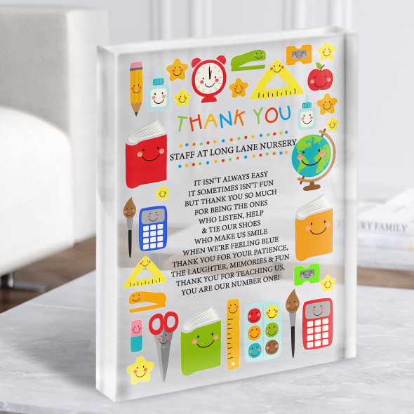 Primary School Nursery Thank You Poem For Staff Personalised Gift Acrylic Block