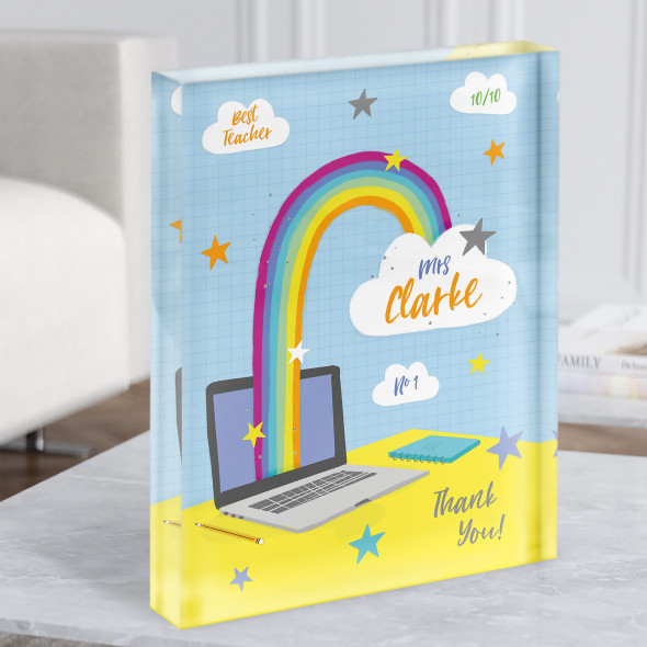 Thank You Teacher Bright Laptop Rainbow Personalised Gift Acrylic Block