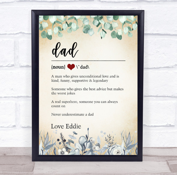 Dictionary Definition Dad Heart Vintage Floral Personalised Gift Print