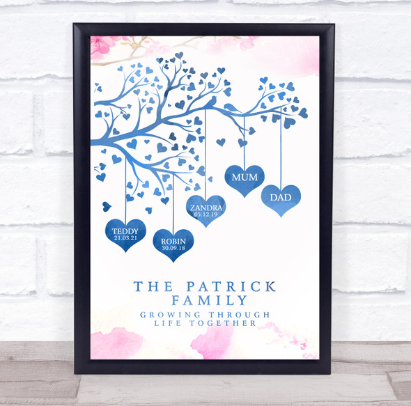 Family Tree Any Names In Hearts Watercolour Blossom Personalised Gift Print