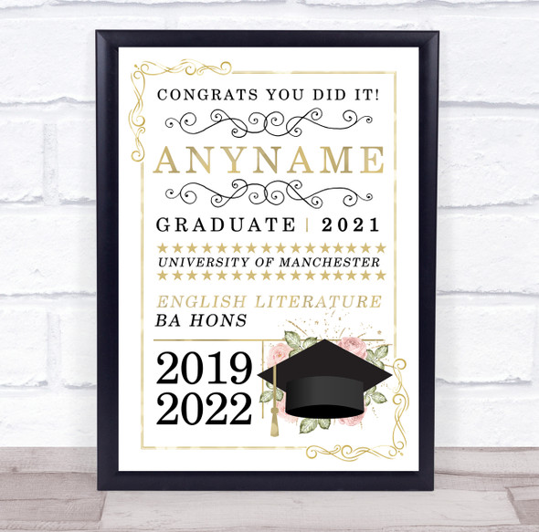 Graduation Celebration University Gold & Pink Rose Personalised Gift Print