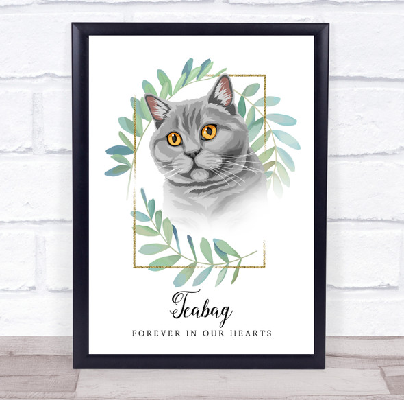 Grey Fluffy Hair Cat Memorial Forever In Our Hearts Personalised Gift Print