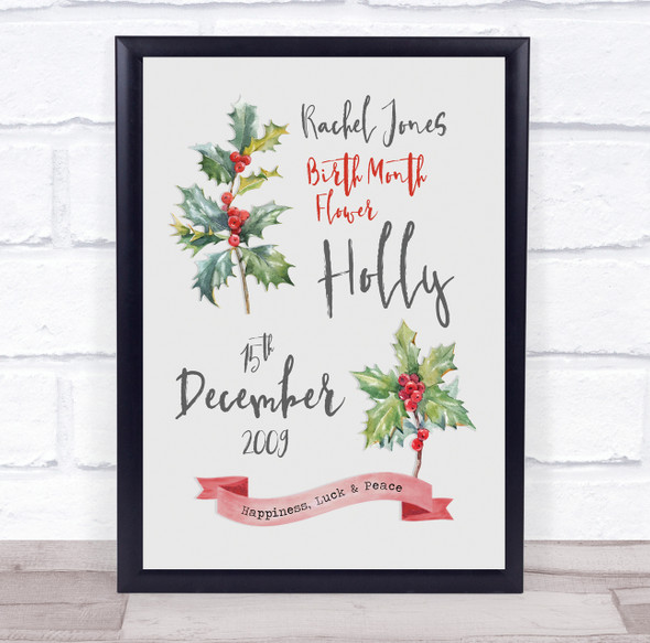 Holly December Birthday Month Flower Watercolour Red Personalised Gift Print