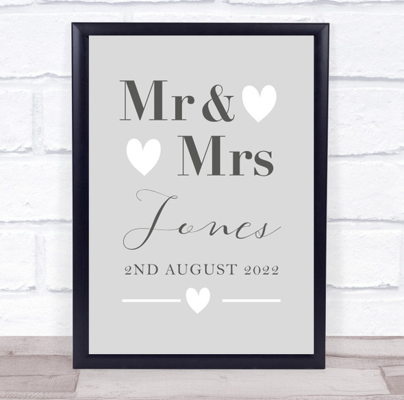Mr & Mrs Typographic Grey White Heart Wedding Name Personalised Gift Print