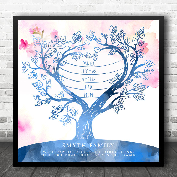 Family Tree Pink Blue Watercolour Blossom Square Personalised Gift Print