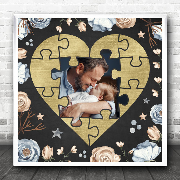 Dad Jigsaw Blush Heart Photo Gold Foliage Square Personalised Gift Print