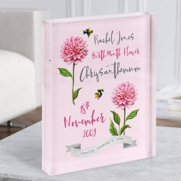 Pink Chrysanthemum November Birthday Flower Watercolour Gift Acrylic Block