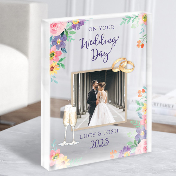 Wedding Bright Flowers Floral Flutes Rings Photo Personalised Gift Acrylic Block