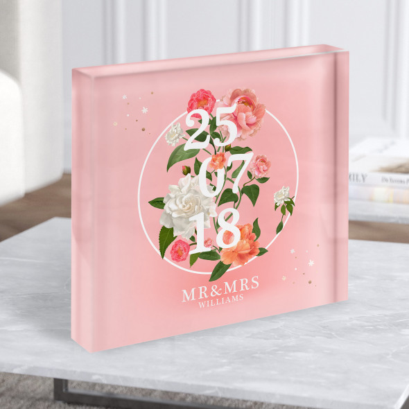 Square Pink Peach Floral Anniversary Wedding Date Gift Acrylic Block