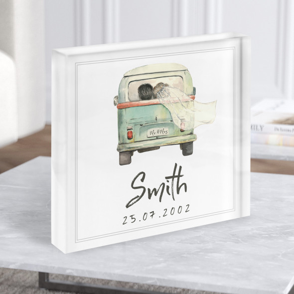 Square Watercolour Just Married Couple Anniversary Gift Acrylic Block